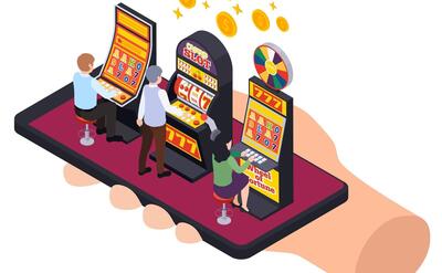 Casino isometric composition with slot machines coins and players on top of smartphone in human hand vector illustration