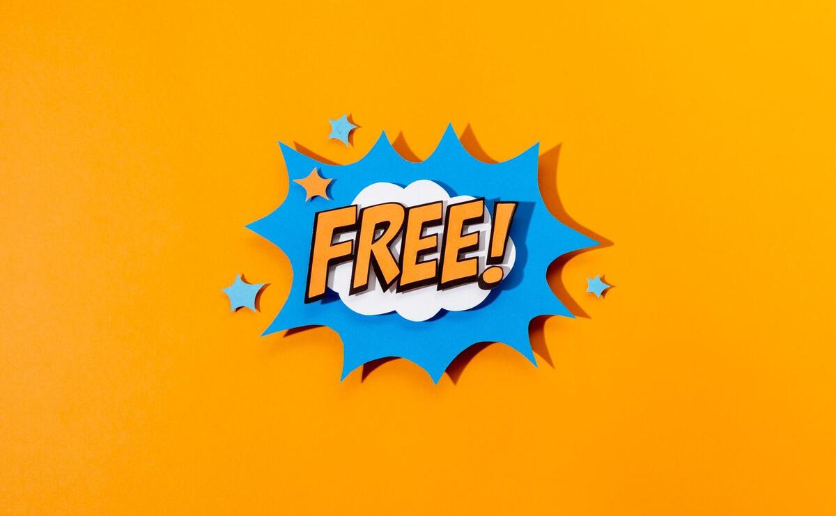 Comic-style "FREE!" burst on an orange background.