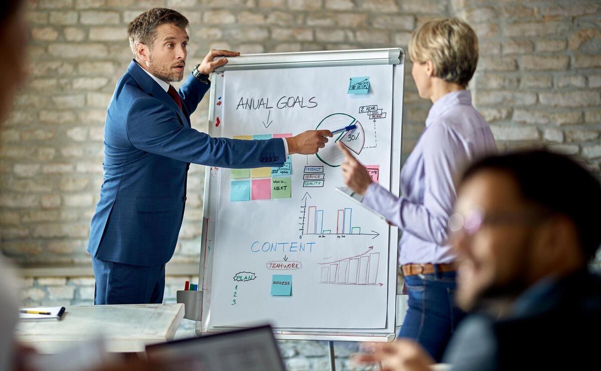 Businessman talking to his colleague while presenting new business strategy on a whiteboard