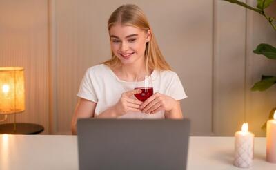 Woman with laptop drinking glass of wine.